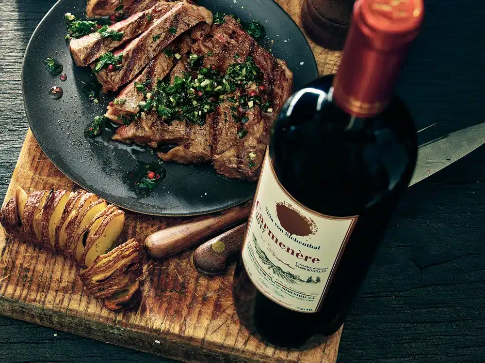 Fles rode wijn van Vina von Siebenthal de Carmenere uit het jaar 2017 naast een haasbiefstuk.